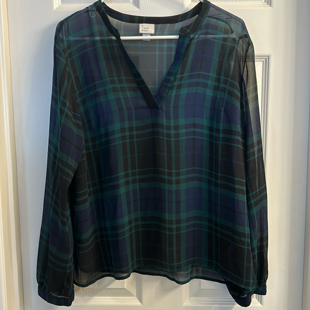 A NEW DAY sheer plaid print blouse